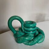 Vallauris 1960 braided ceramic candle holder in turquoise glazed clay