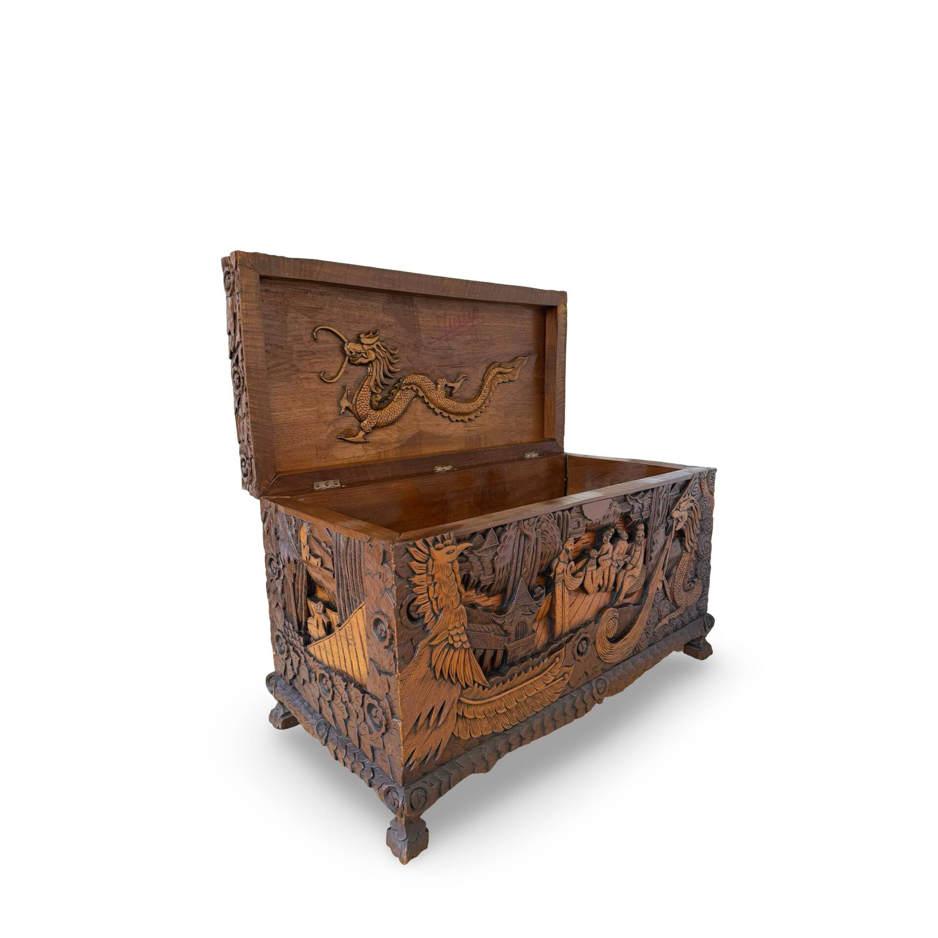 Antique Chinese Carved Export Chest – Dragon, Phoenix & Landscape Deco