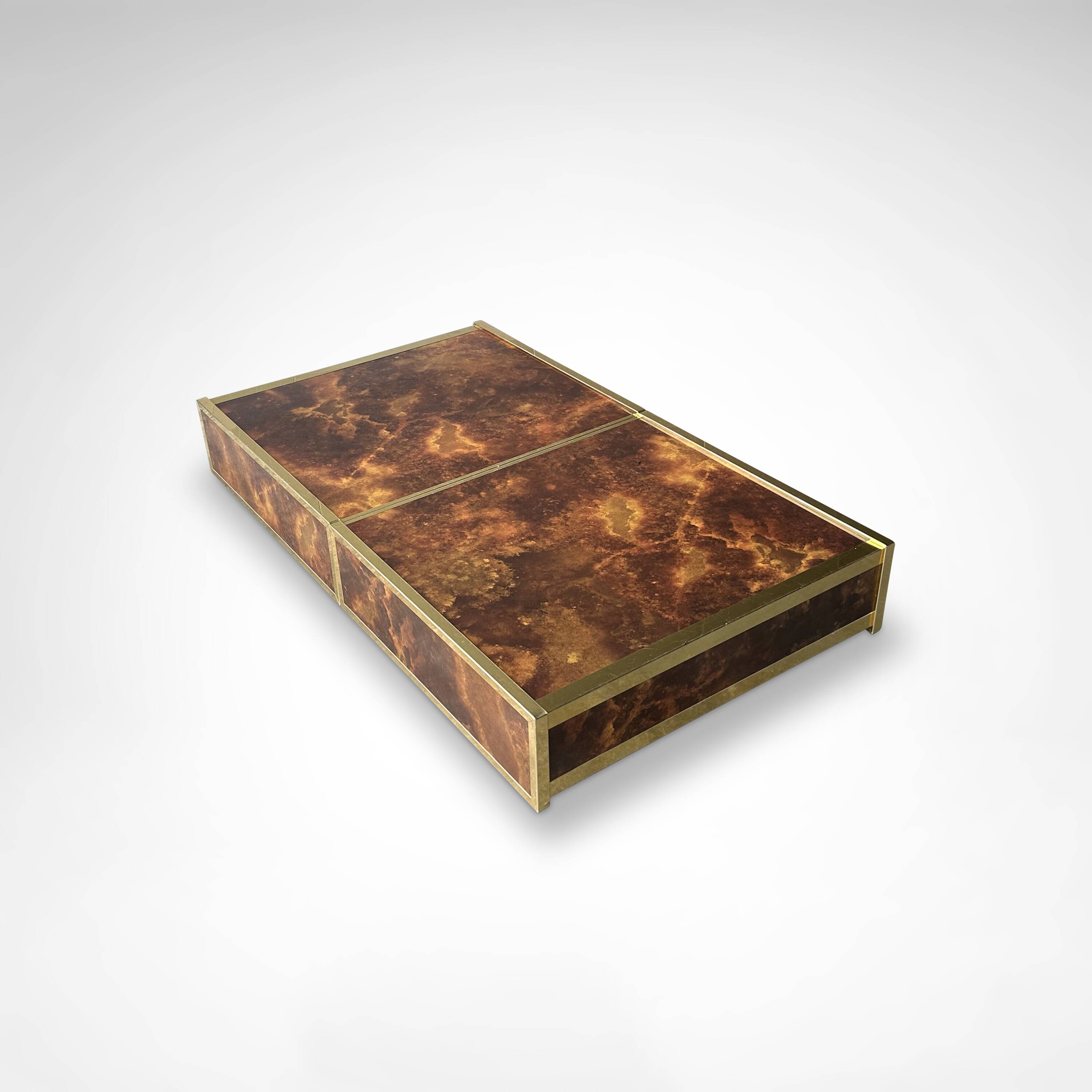 Burl wood and brass metal coffee table with integrated bar by Maison Lancel