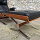 Lounge chair and ottoman black leather and teak multiplex, 1960