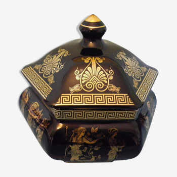 Bonbonnière en porcelaine décorée main à l'or 24 carats Grèce années 70