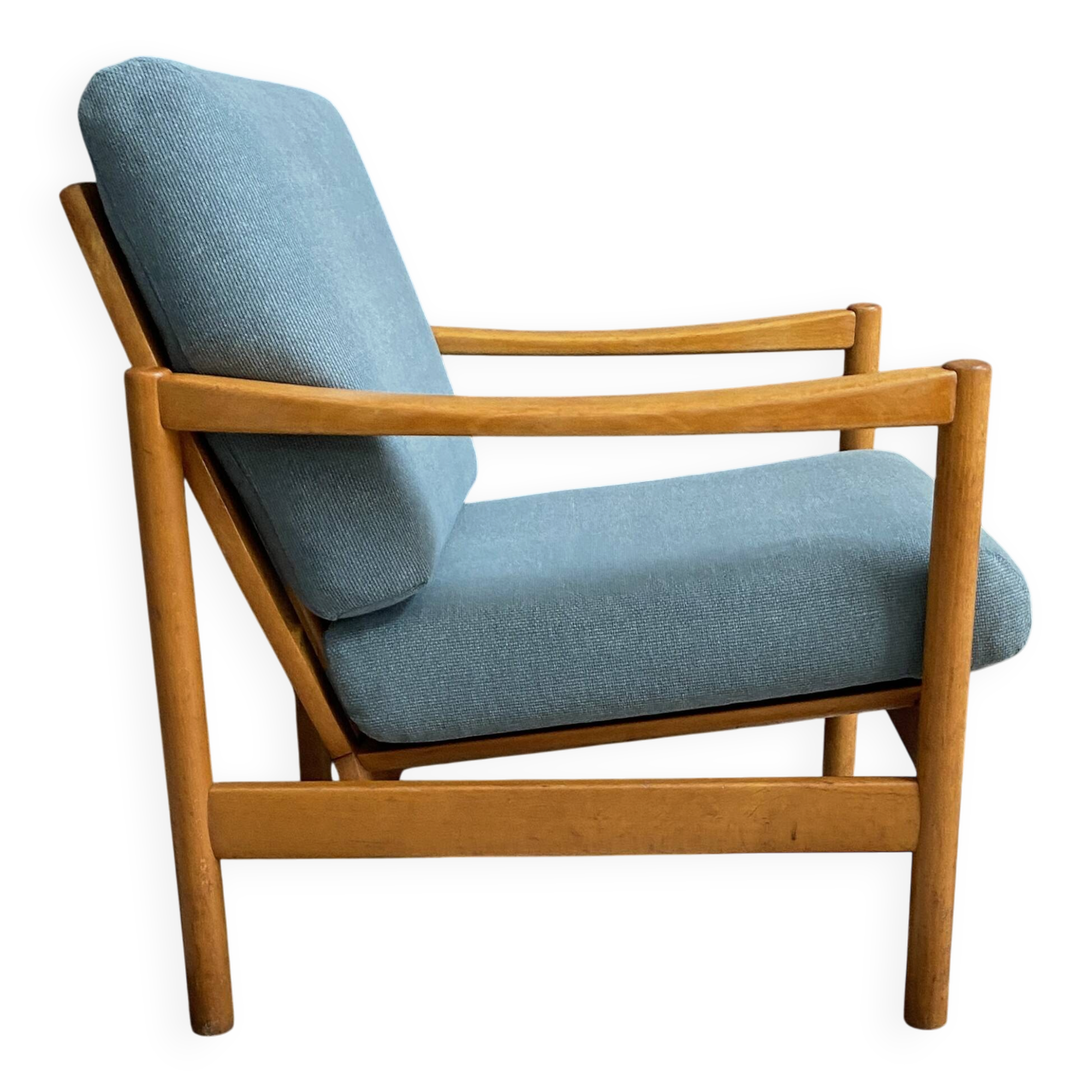 Wood arm chair reupholstered in blue fabric 1960s