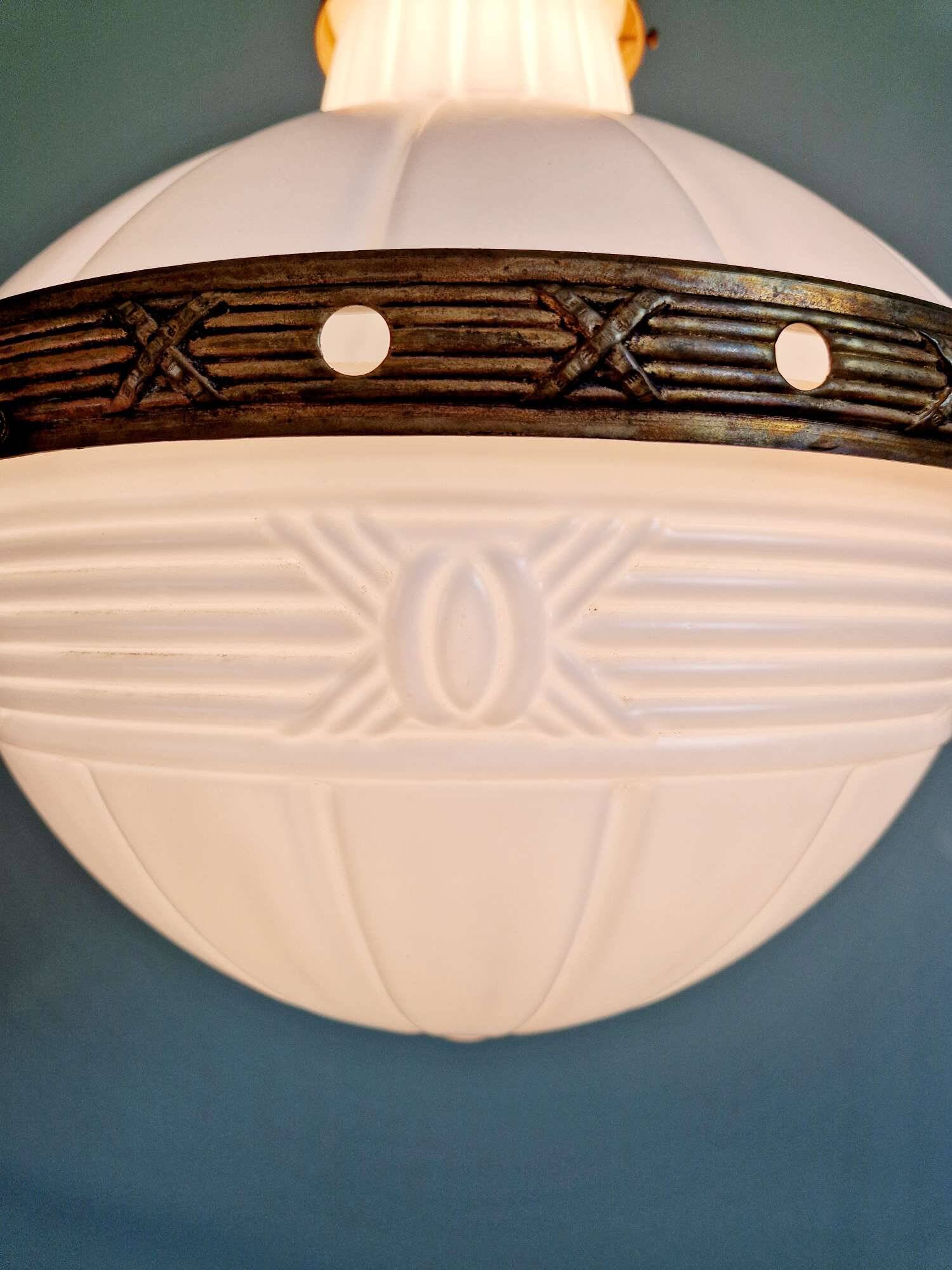 Large Art Deco pendant light in milky glass and brass, 1920