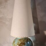 large glazed blue green ceramic lamp signed palm tree 1970, h75x20 light trace lampshade