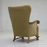 1960s, Danish highback armchair, furniture cotton/wool fabric, oak wood.