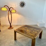 Ancienne table basse plateau marbre doré design années 70 pieds bois vintage