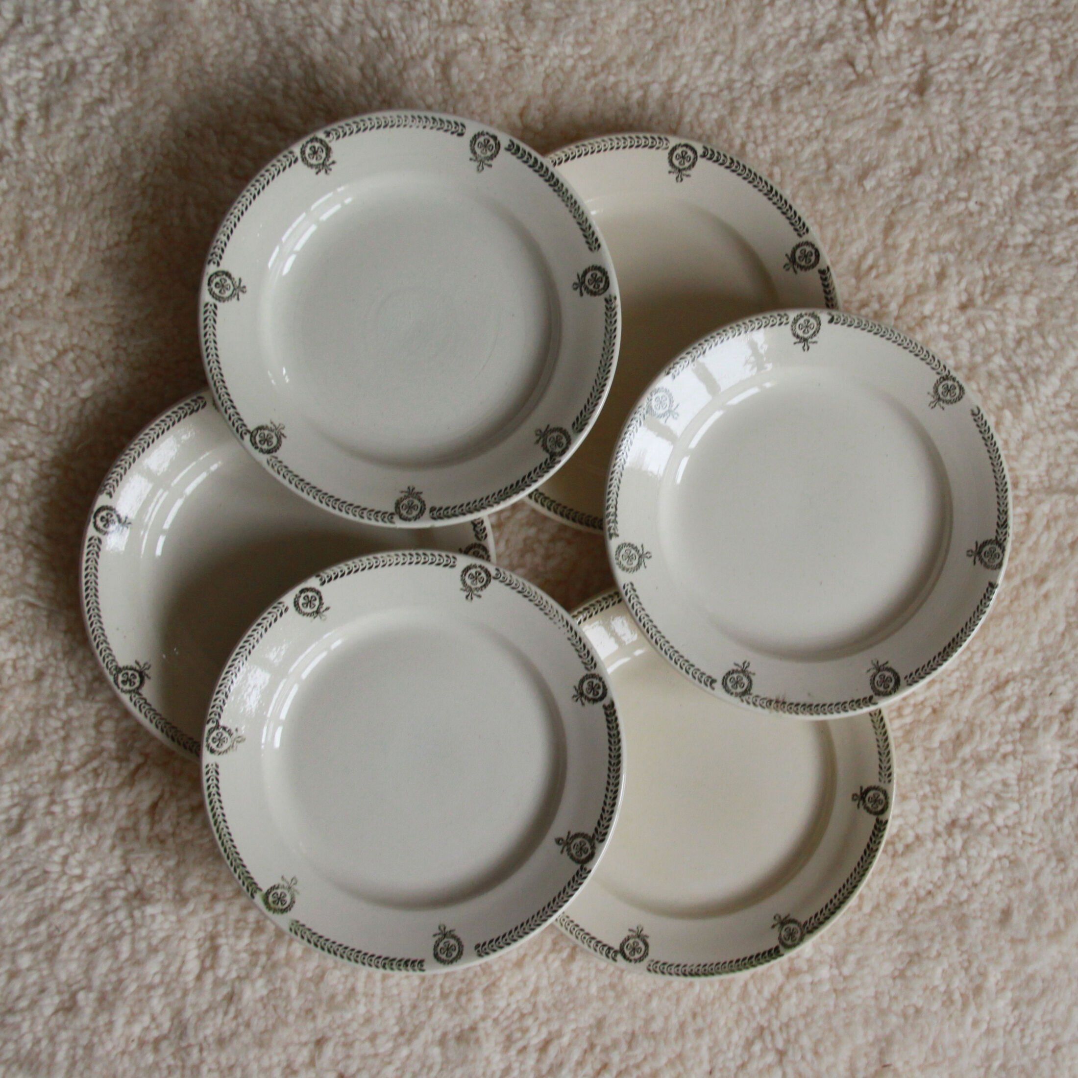 Set of 6 flat plates green garland old earthenware Castres