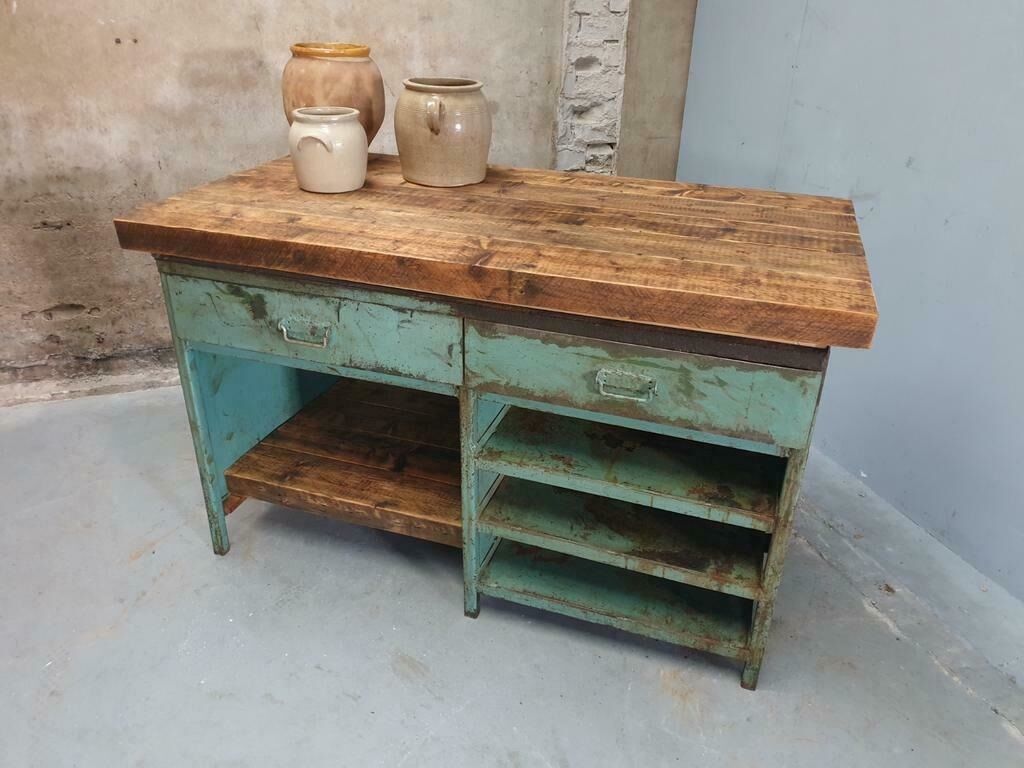 Industrial workbench kitchen island sideboard sea green with drawers