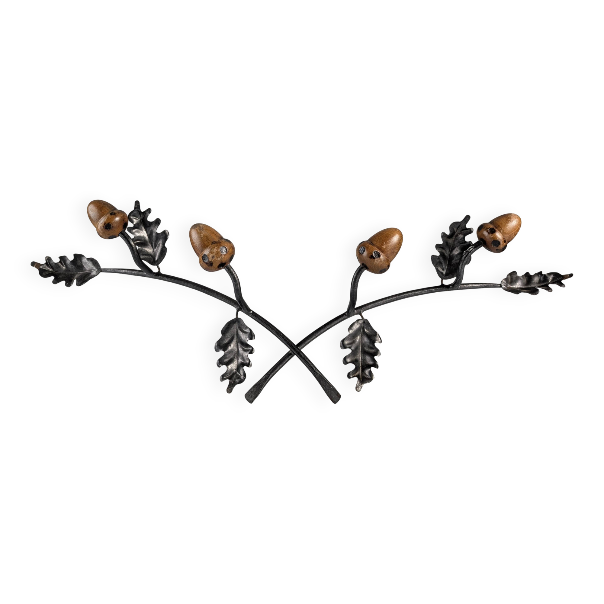 Signed Hand-Forged Iron & Wood Acorn Coat Rack, 1960s