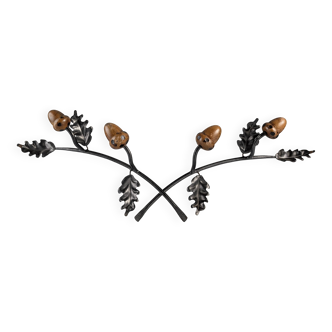 Signed Hand-Forged Iron & Wood Acorn Coat Rack, 1960s
