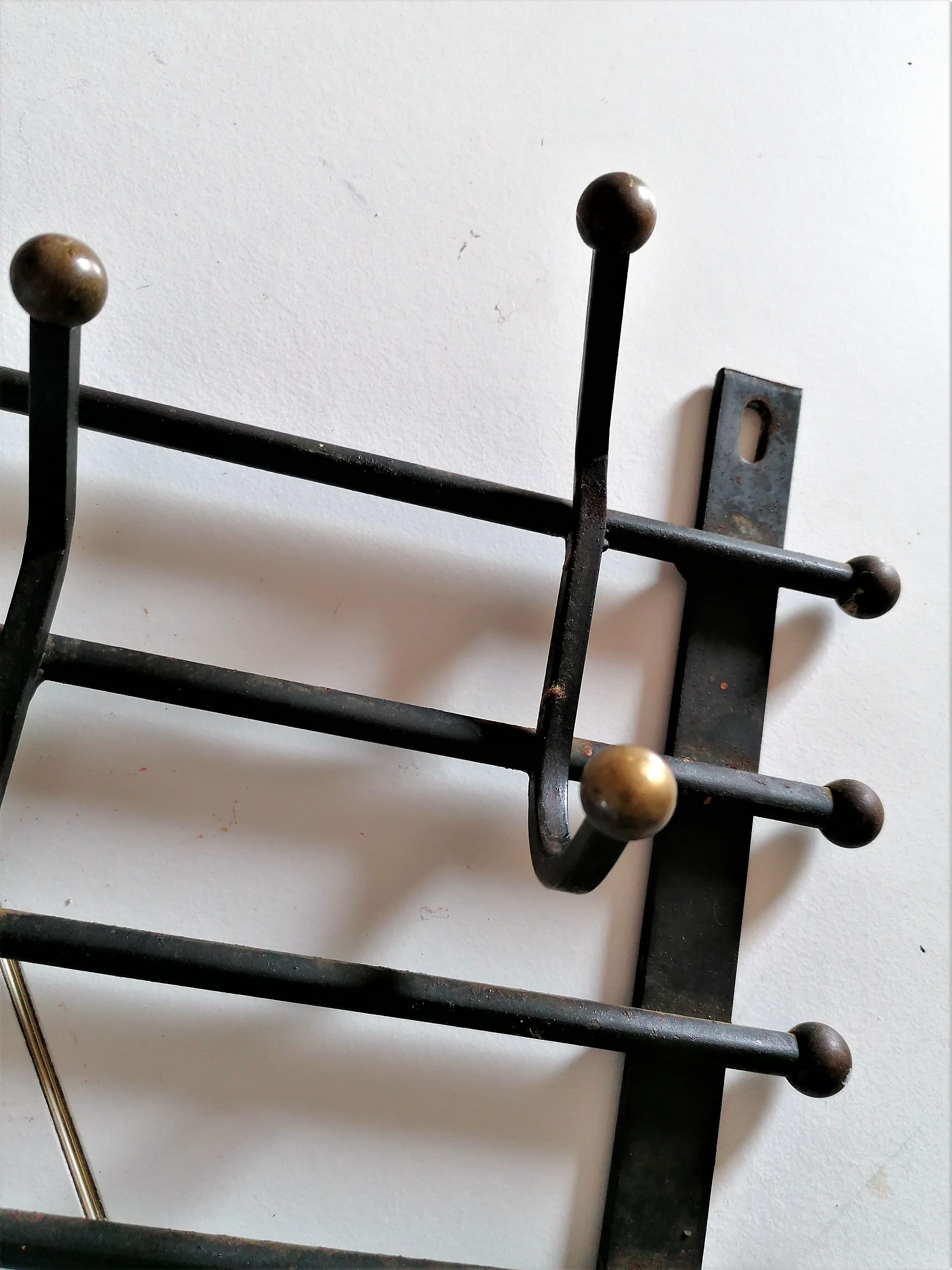 Cloakroom coat rack wrought iron and brass balls 5 vintage hooks