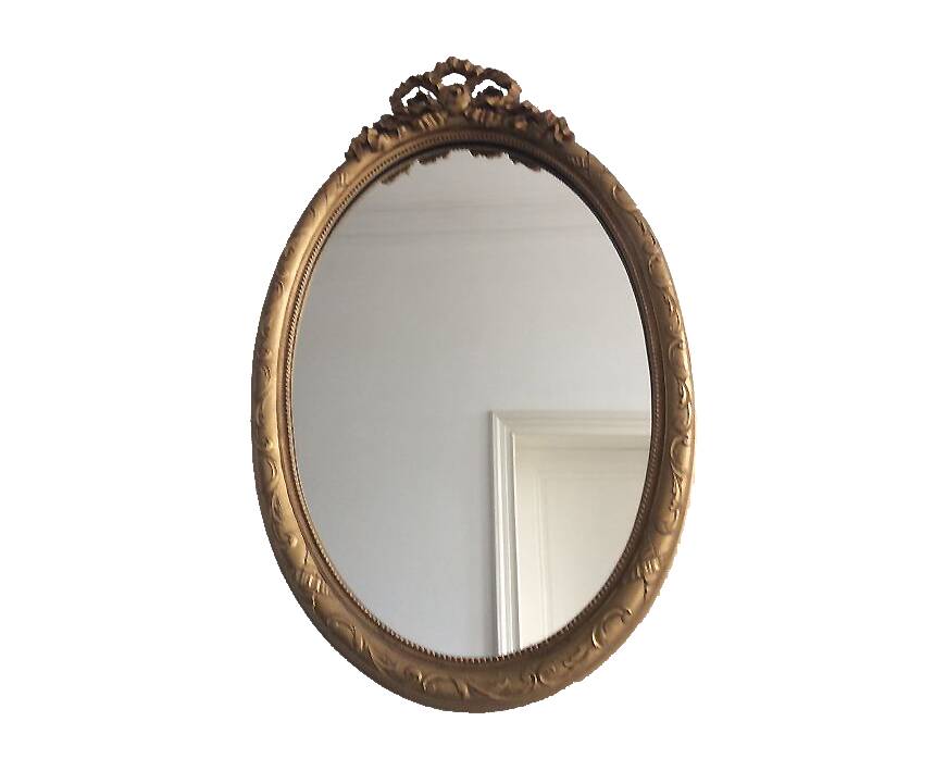 Large Baroque Mirror • Oval Arch • Carved Wood • Resin • 1950