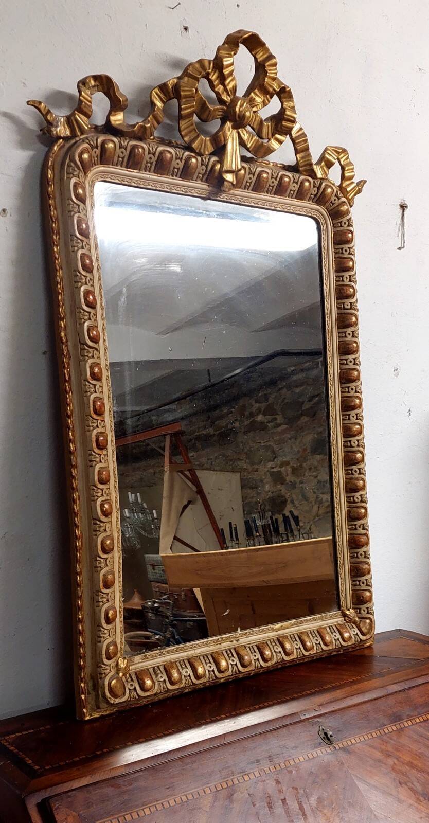 Antique gilded and lacquered mirror, original Napoleon III