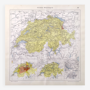 Carte de la Suisse vintage en couleurs 43x43cm de 1950