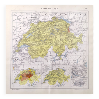 Vintage color map of Switzerland 43x43cm from 1950