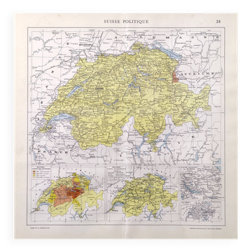 Vintage map of Switzerland in colour 43x43cm from 1950.