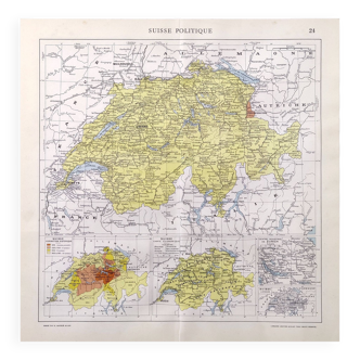 Carte de la Suisse vintage en couleurs 43x43cm de 1950