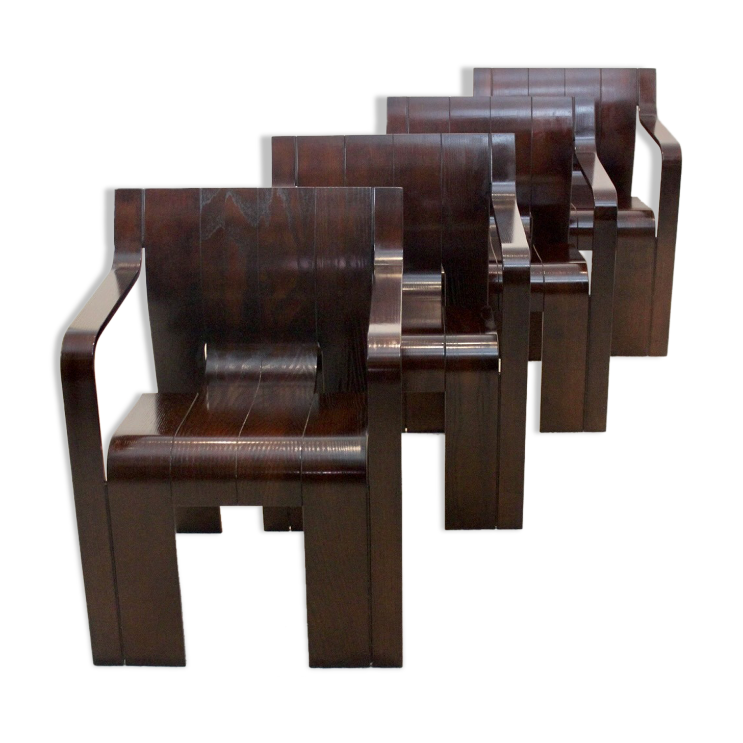 Set of four Strip dining chairs with dark brown ash armrests by Gijs Bakker for Castelijn