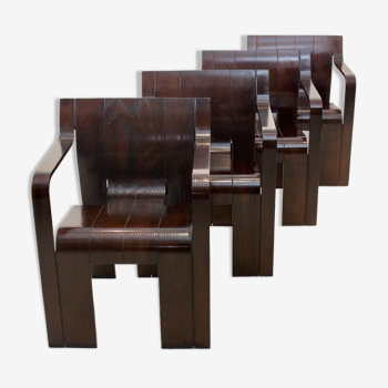 Set of four Strip dining chairs with dark brown ash armrests by Gijs Bakker for Castelijn