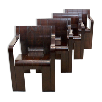 Set of four Strip dining chairs with dark brown ash armrests by Gijs Bakker for Castelijn