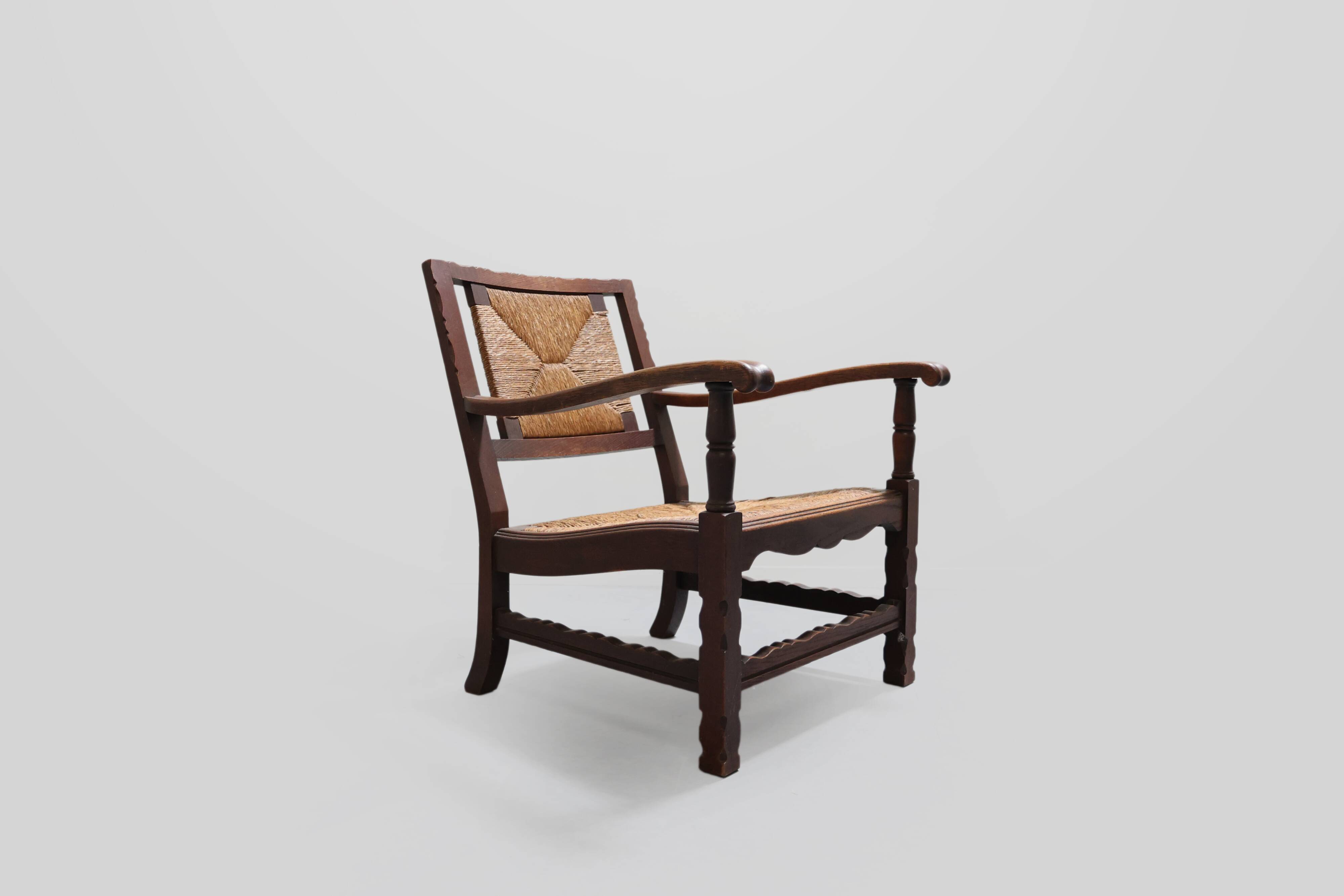Mid-century rustic wooden armchairs with woven seat and back