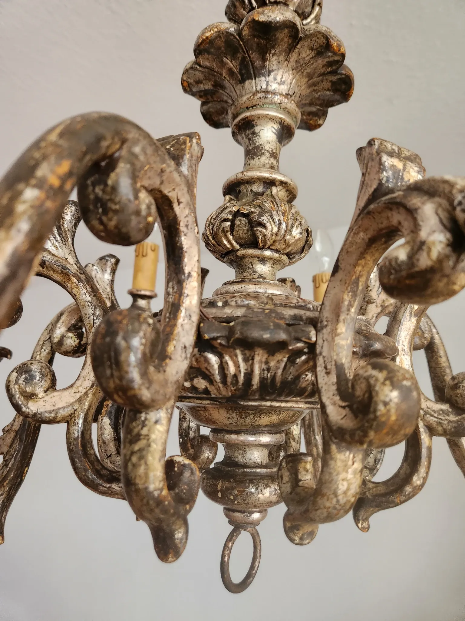 Xl Large Vintage Regency Mid Century Louis XV Baroque Rococo Hand Painted Carved Wood 8 Light Chandelier Floral, Italy, Florence 1920 1950