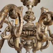 Xl Large Vintage Regency Mid Century Louis XV Baroque Rococo Hand Painted Carved Wood 8 Light Chandelier Floral, Italy, Florence 1920 1950