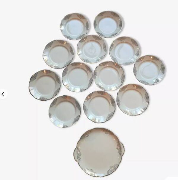 12 assiettes à dessert et plat à gâteau anglais J.Broadhurst Ironstone, 1776-1976