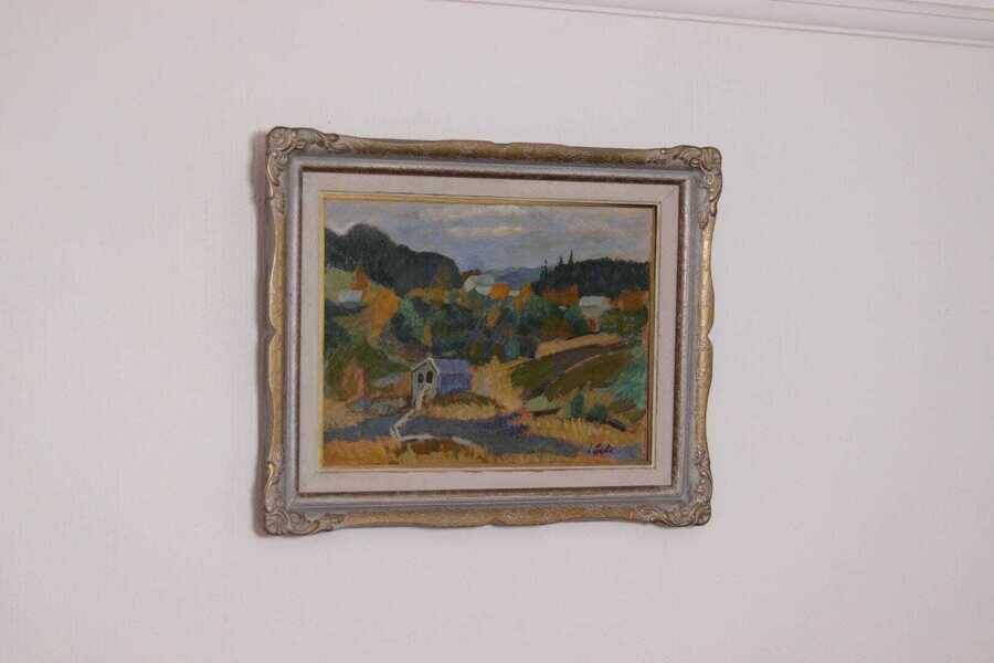 Original mid-century Swedish oil on panel – “Landscape with House” – vintage & framed – 42 × 52 cm (16.5" × 20.5")
