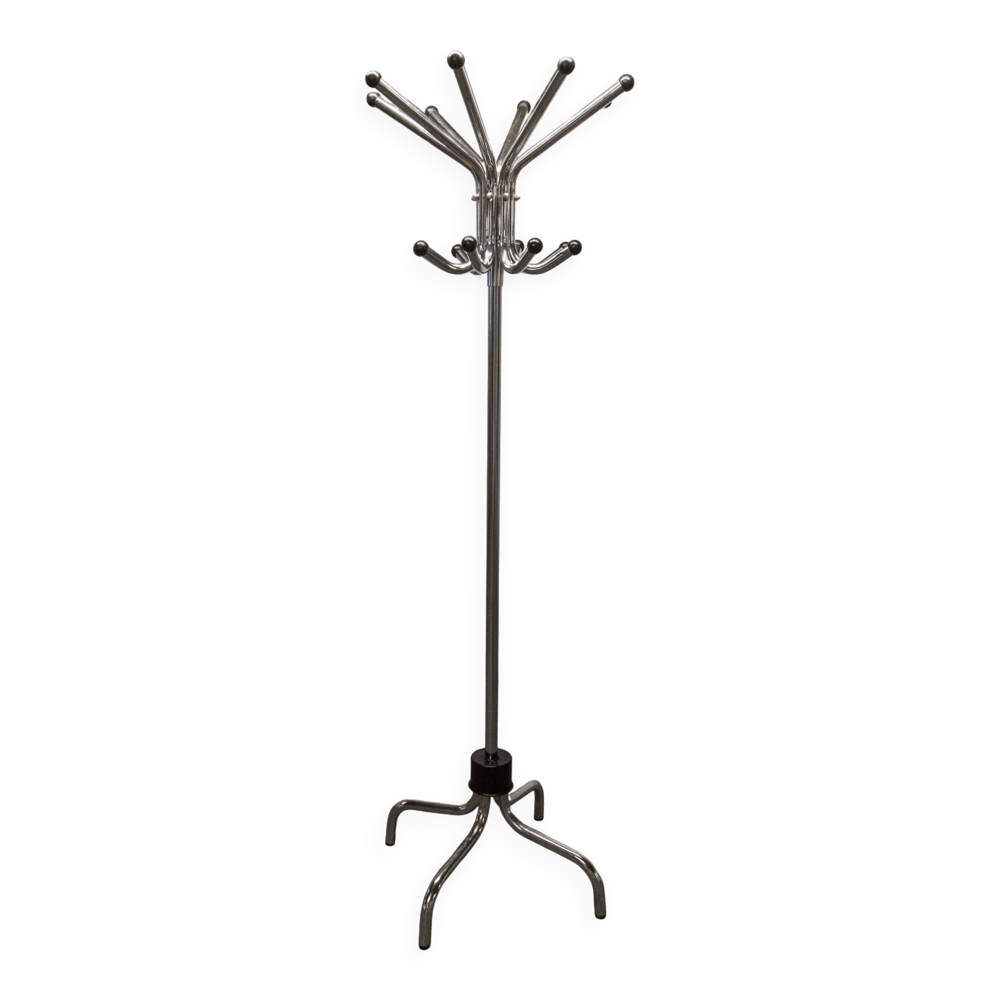Parrot coat rack 16 hooks industrial in chromed metal and base + black balls 1960