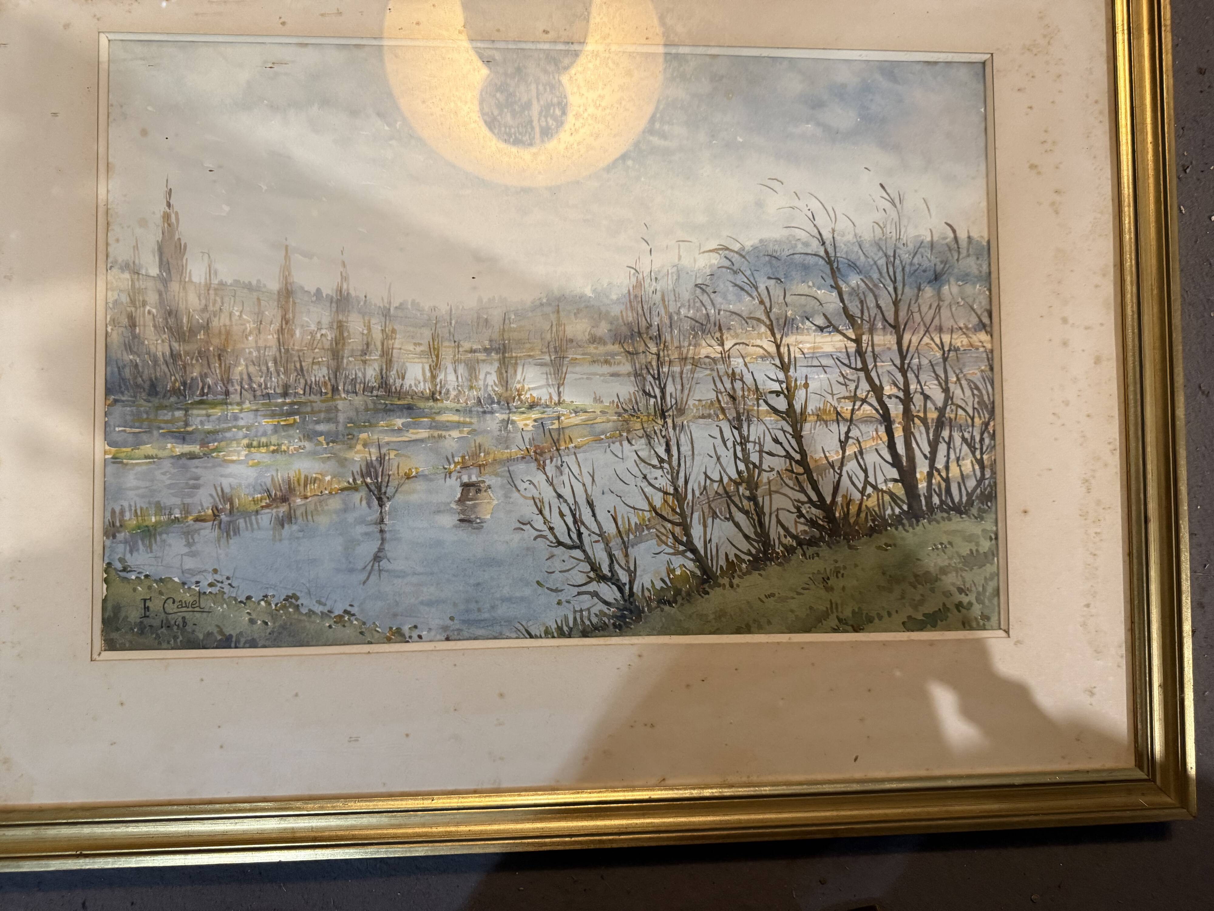 Lithograph Marsh Landscape Signed F Cavel