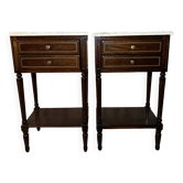 Pair of two antique bedside tables with dark wood and marble top.