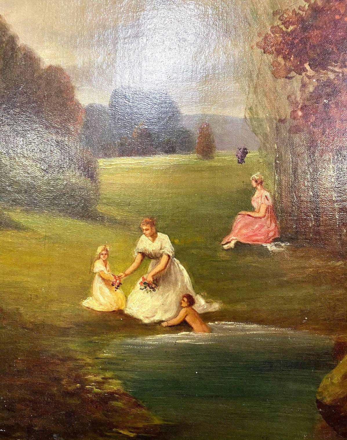 École Française vers 1880 : paysage lacustre animé signé J Durand