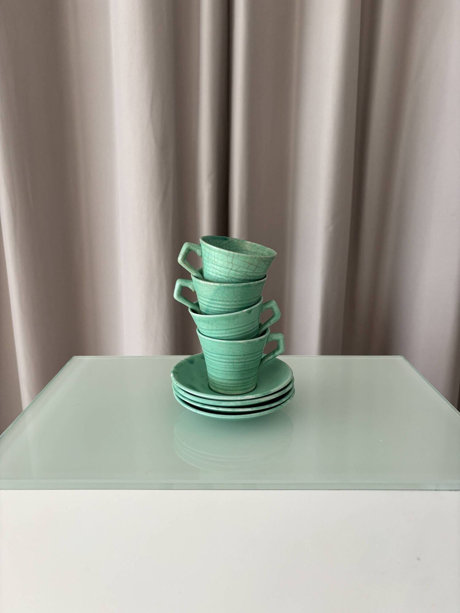 Set of 4 Vintage Jade Green Studio Pottery Espresso Cups & Saucers – Hand G