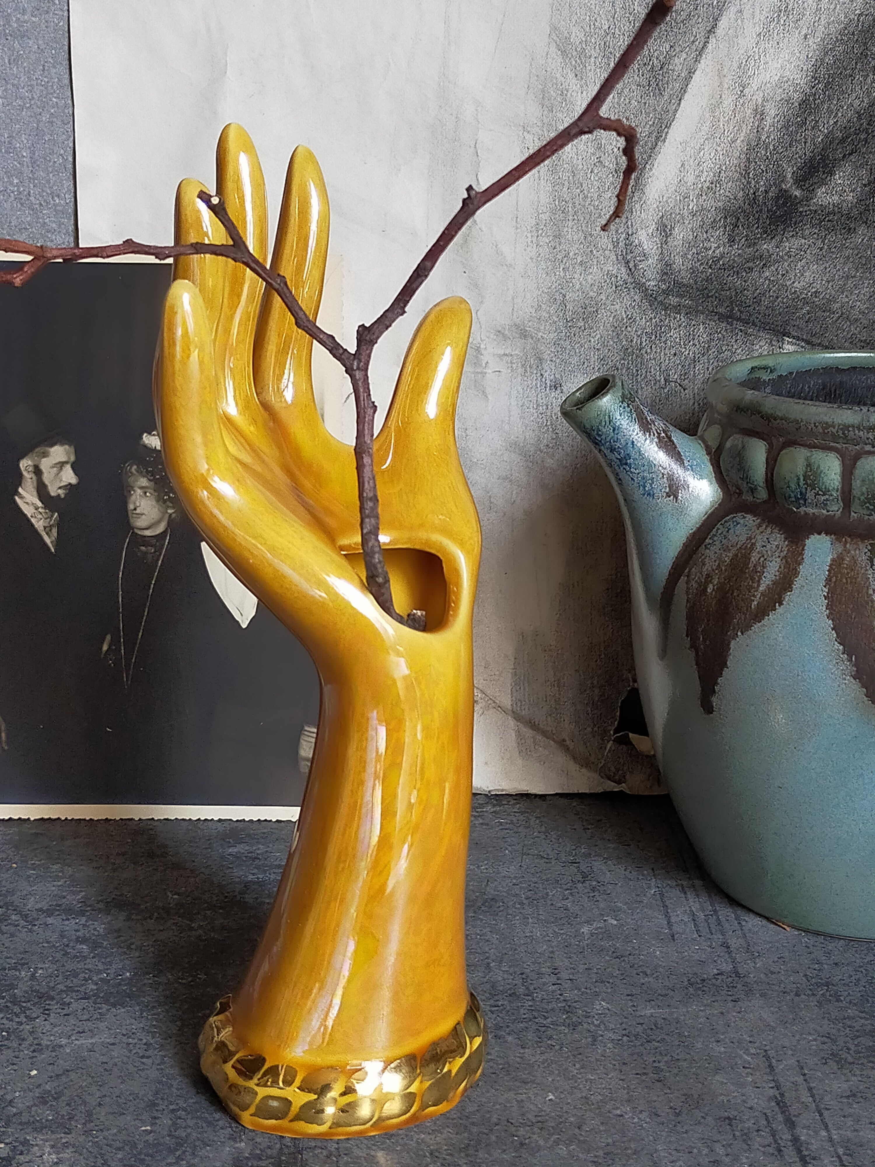 Soliflore baguier hand ceramic iridescent 50s