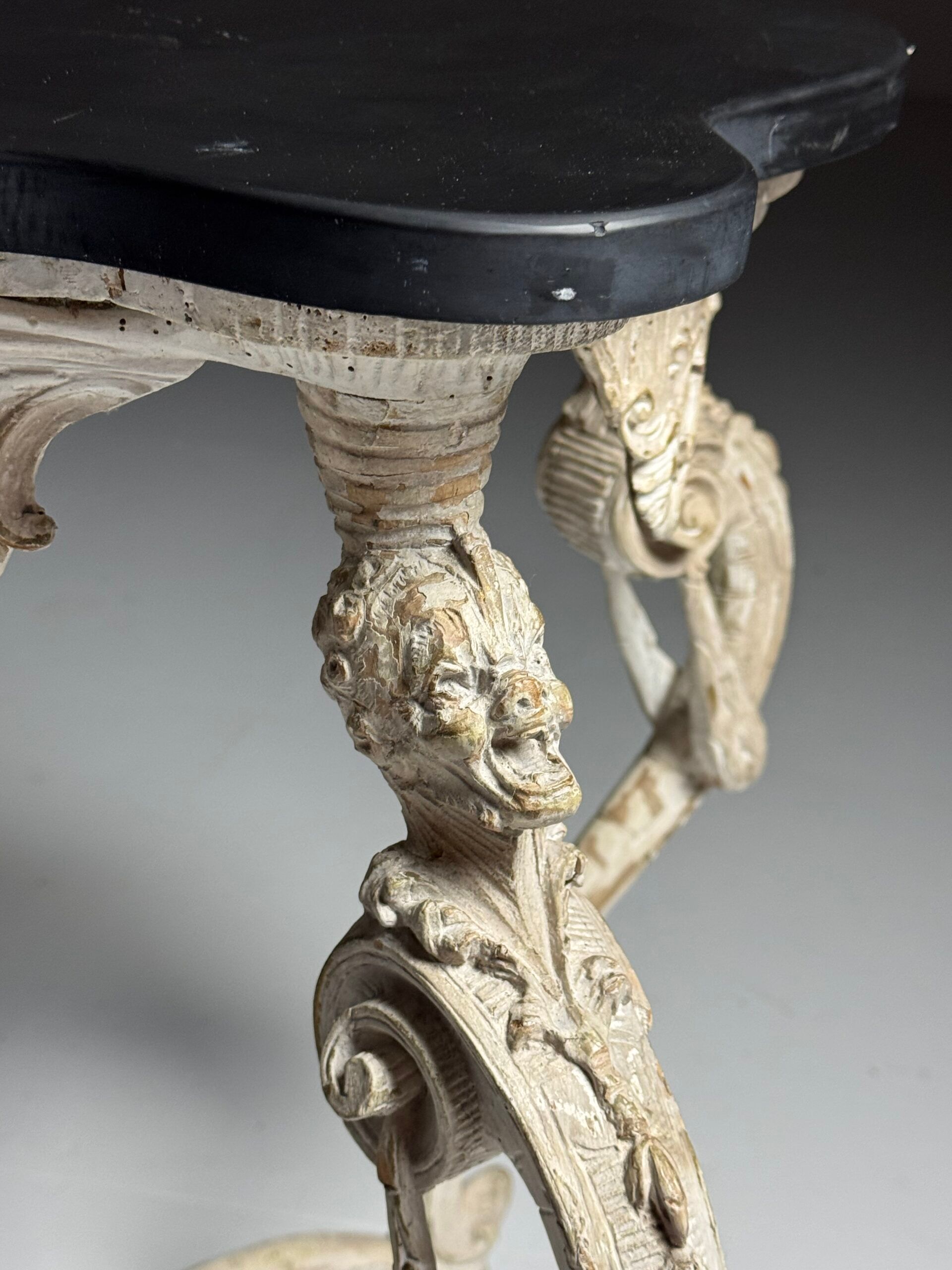French side table hand-carved wood with marble top