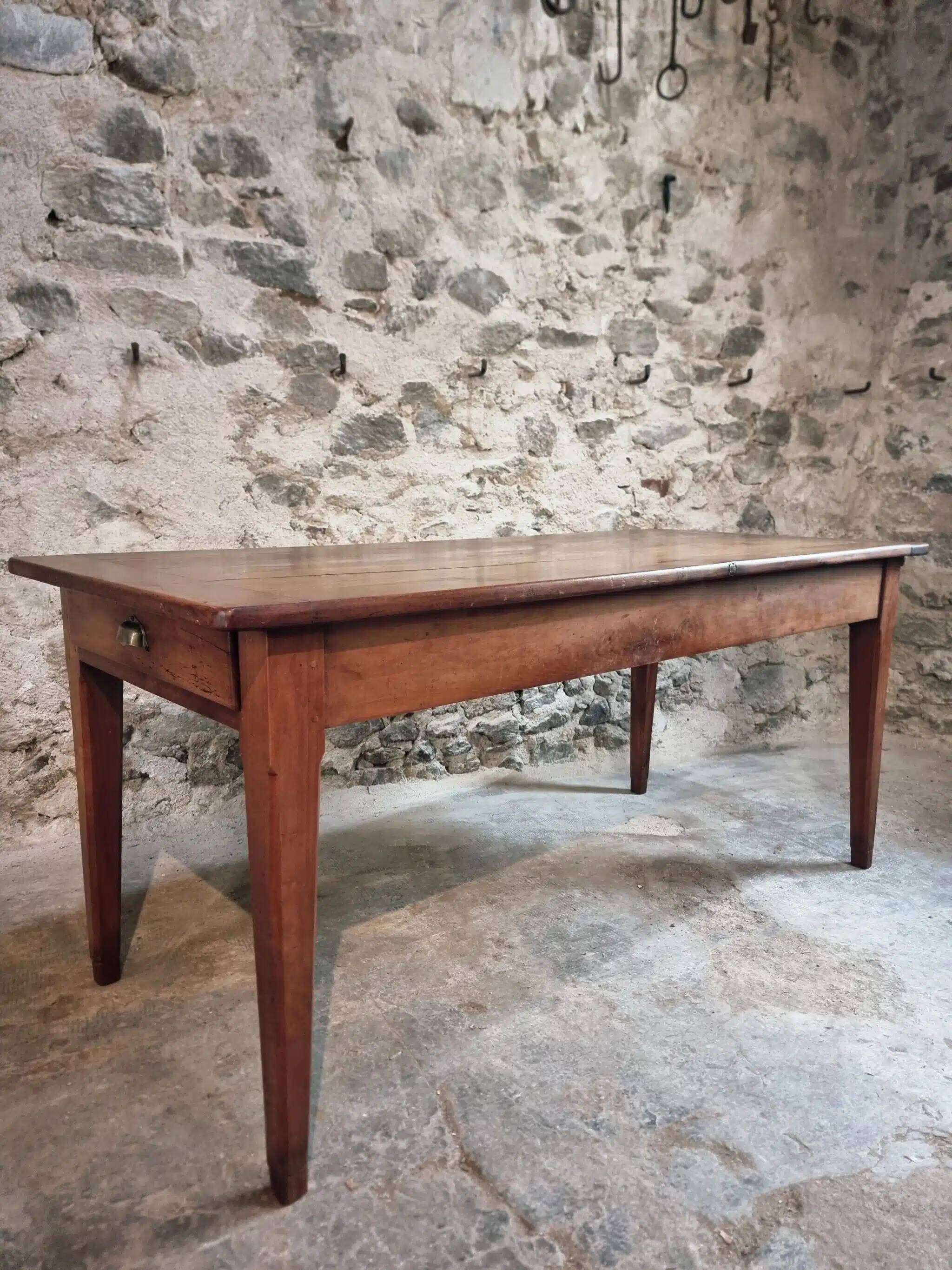 Antique French Farmhouse Table | 19th Century Cherry Wood Table with Drawer and Extension | 1880–1900 Rustic Kitchen