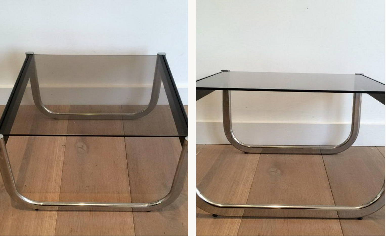 Pair of sofa ends in chrome, blackened wood and glass