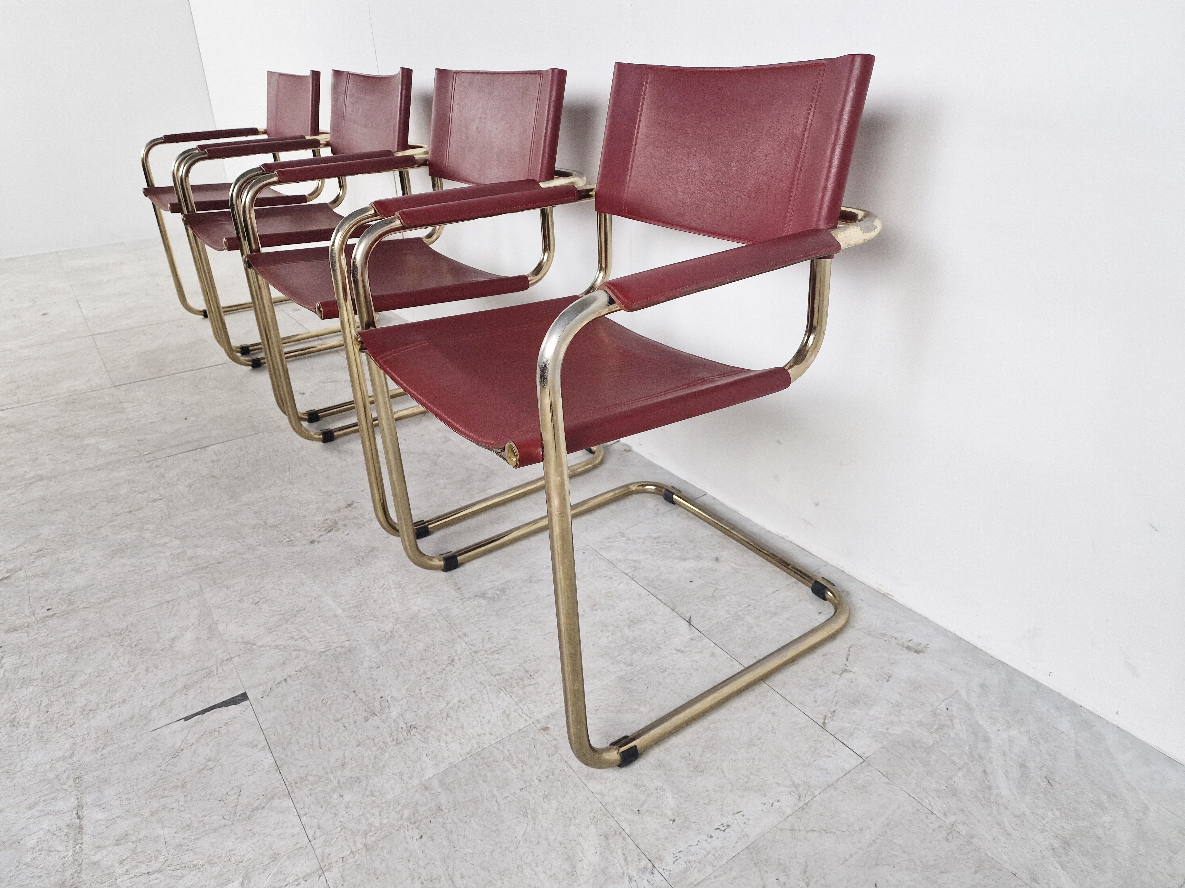 Red leather bauhaus design dining chairs - 1980