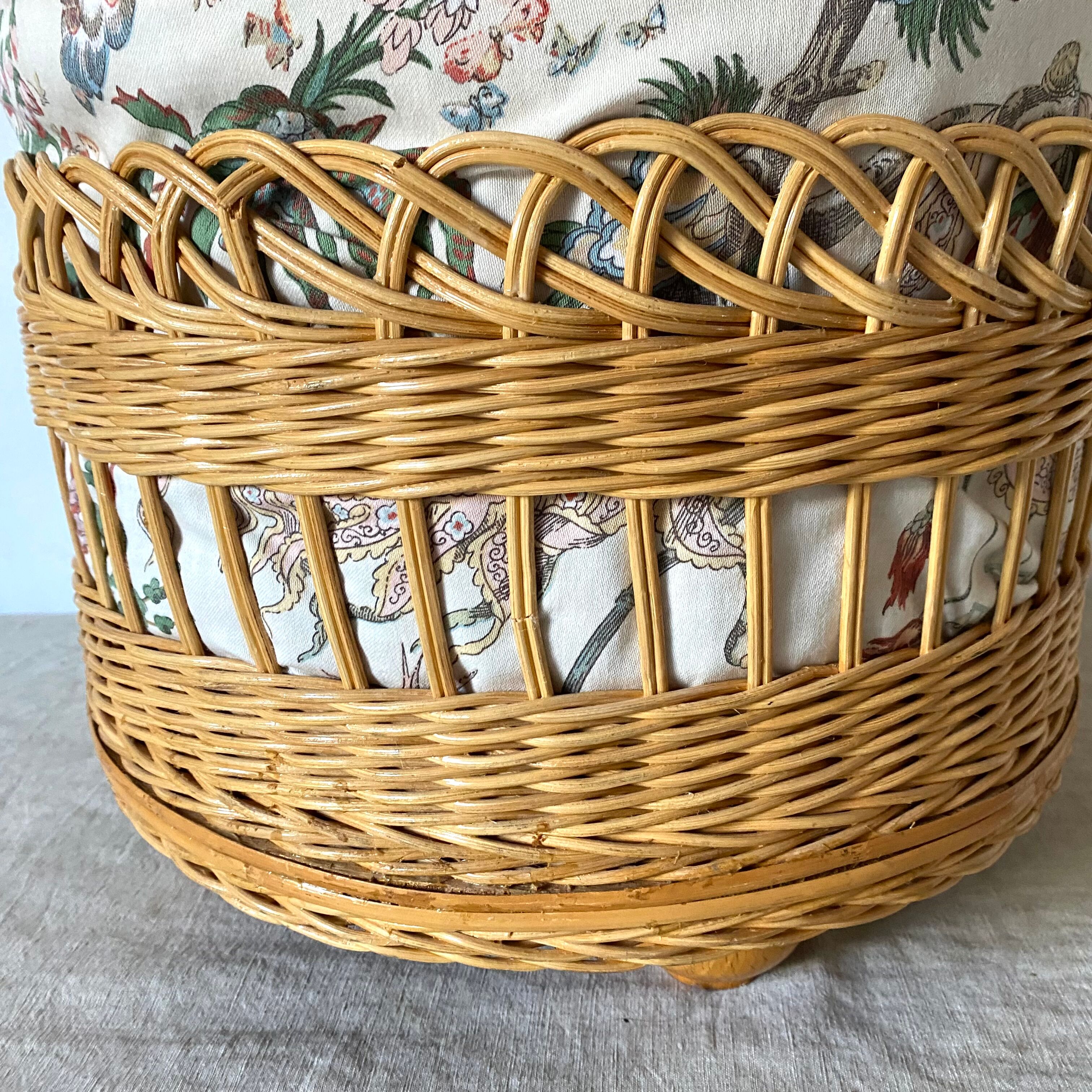 Rattan pouf and vintage fabric
