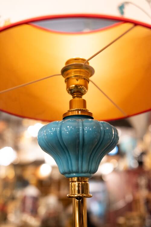 Pair of vintage floor lamps in brass and turquoise ceramic.