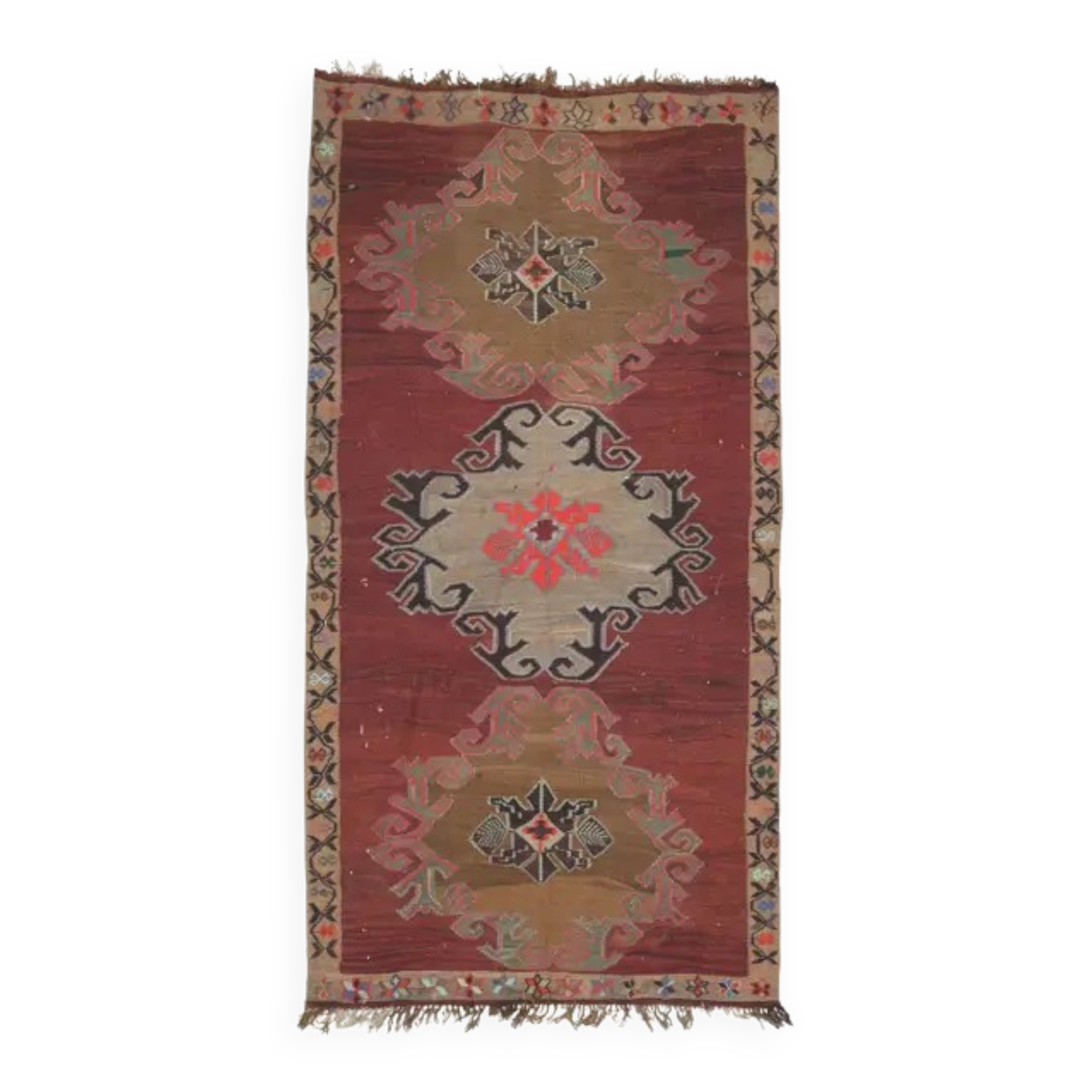 1970s Vintage Turkish Oushak Handmade Wool Cotton Red Area Rug 190x375