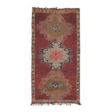Tapis d'aire vintage turc Oushak fait main en laine et coton rouge 190x375 des années 1970