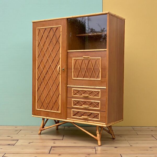 Armoire rotin et pieds compas 1960