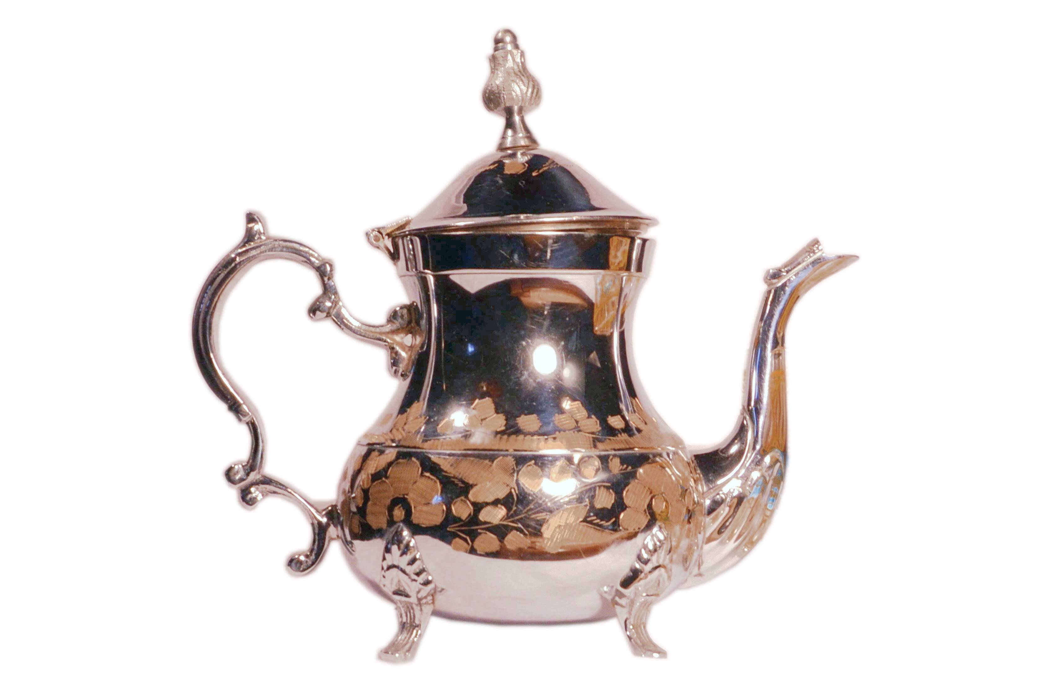 Oriental teapot in chrome metal and brass, 12x19cm
