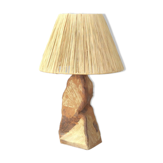 Brutalist sandstone lamp with raffia lampshade