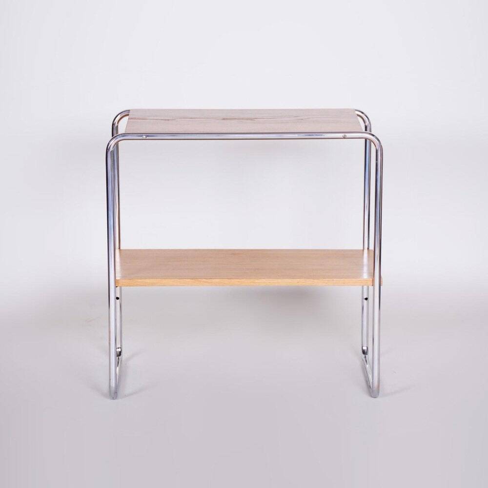 Petite table Bauhaus en chrome et chêne, tchèque, années 1930