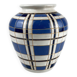 Vintage vase from the 50s, glazed earthenware, blue and white geometric decoration