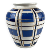 Vase vintage années 50 faïence émaillée décor géométrique bleu et blanc