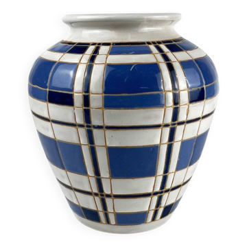 Vintage vase from the 50s, glazed earthenware, blue and white geometric decoration